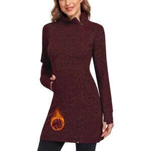 Women's Fleece Dress Running Sweatshirt Dress with Thumb Holes Pocket Zip-Red